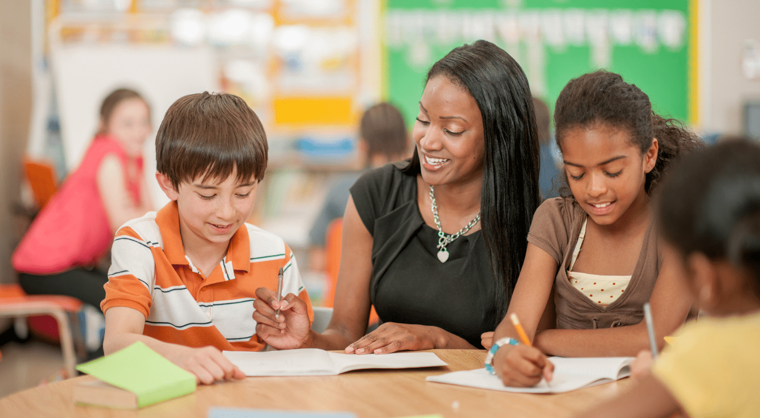 A substitute teacher guiding students.