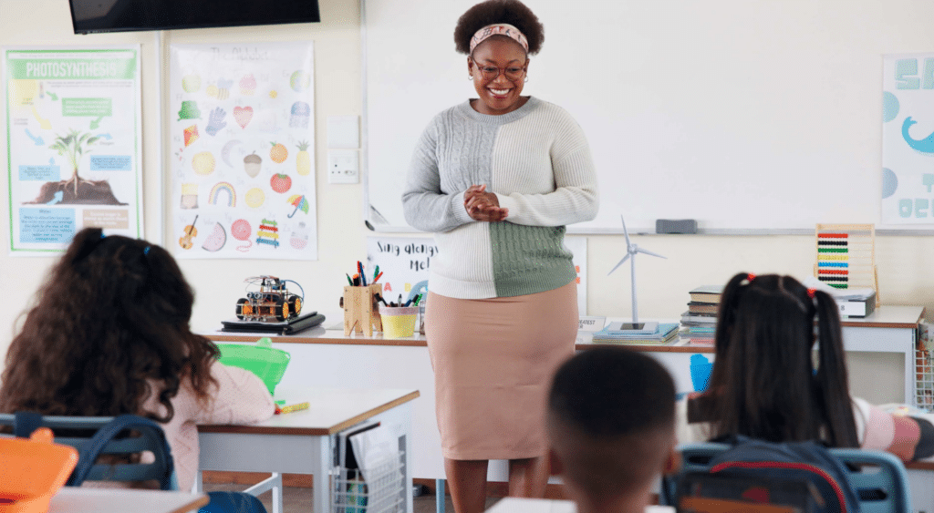 substitute teacher in front of classroom